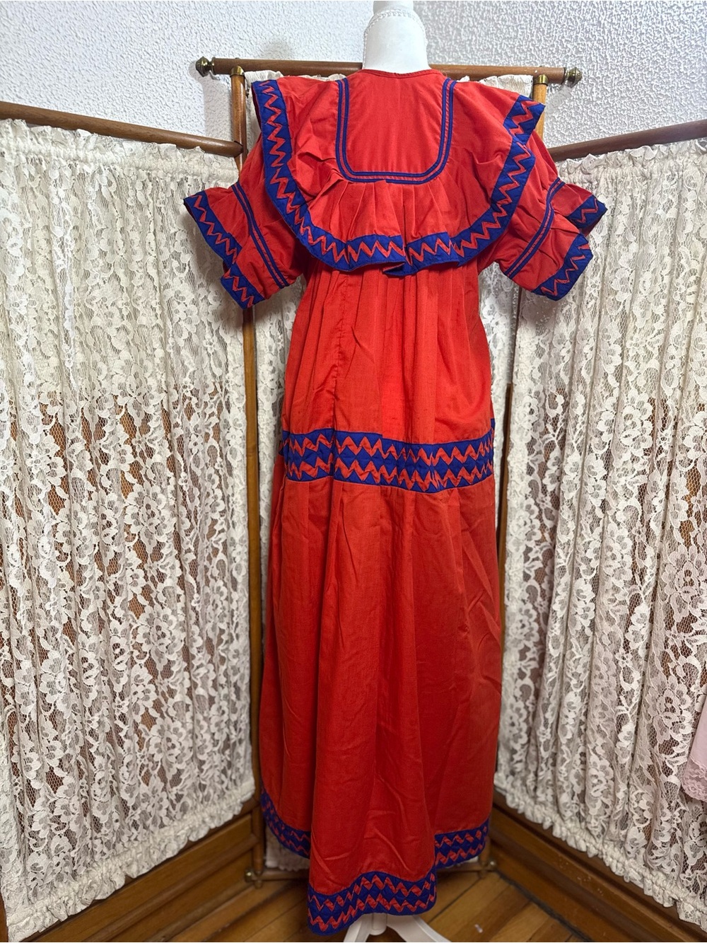 Vintage 1970s Handmade Red Cotton Folk Prairie Maxi Dress - Picture 5 of 5